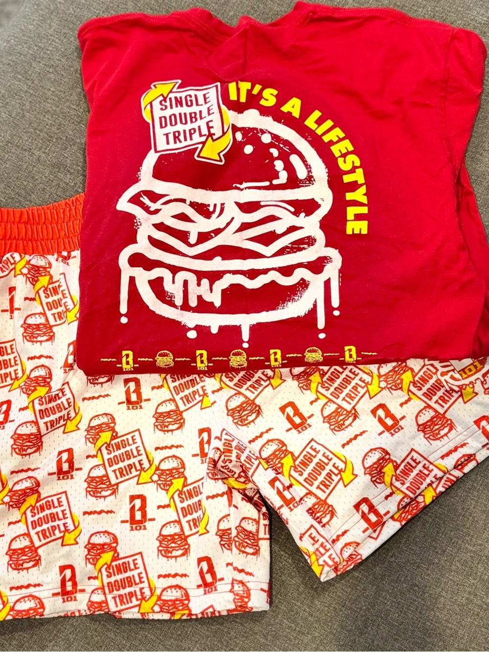 Red Burger-Print Athletic Shorts and Tee for Men - Baseball Lifestyle 101